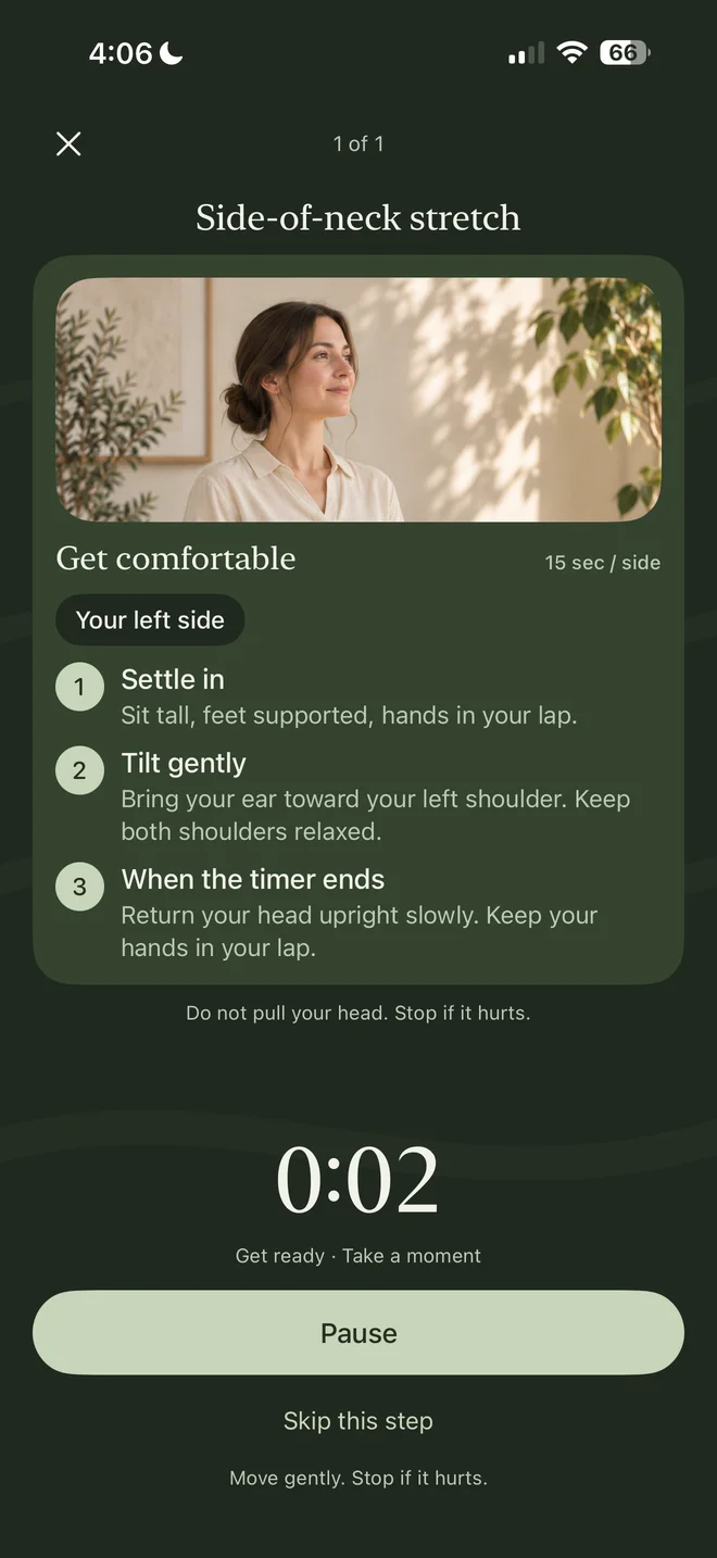 Pause’s side-of-neck stretch screen with preparation instructions and a timer.