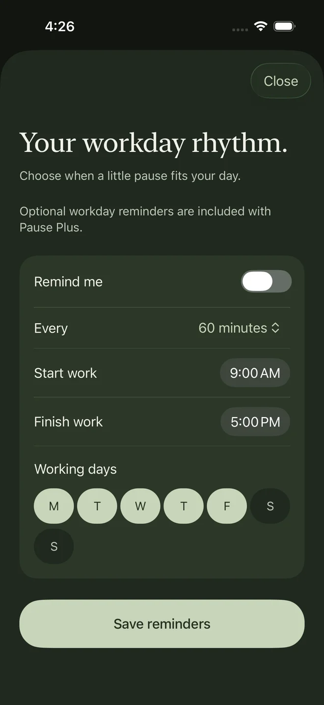 Pause’s workday settings with reminder interval, start and finish times, working days and Save reminders.